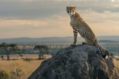 A cheetah sits atop a large rock, surveying the landscape. The feline is sleek and spotted, its tail hanging down the side of the rock. The background features a golden-hued grassland with scattered trees and rolling hills under a pastel sky. The composition focuses on wildlife in its natural habitat, suggesting themes of vigilance and wilderness. This image would be suitable for uses related to wildlife conservation, travel, or environmental awareness, particularly in contexts showcasing African wildlife or ecological studies. The lighting is soft and diffused, enhancing the natural feel of the scene.